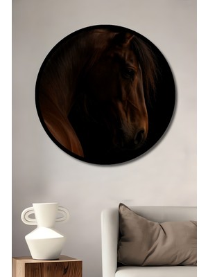 Petmudo AVM Görkemli At Portresi Yağlı Boya Görünümlü Ahşap Tablo Yuvarlak Duvar Tablosu Çerçeve Görünümlü