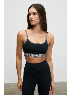 Urban Beat Metreon Kadın Yumuşak Esnek Dokulu Leopar Kontrastlı Göğüs Pedli Askılı Siyah Spor Sütyeni
