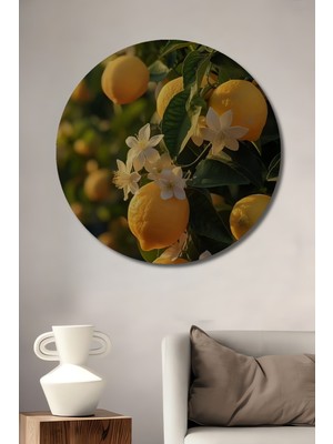 Petmudo AVM Taze Limon Ağacı Sürreal Yağlı Boya Görünümlü Dekoratif Ahşap Tablo Yuvarlak Duvar Tablosu