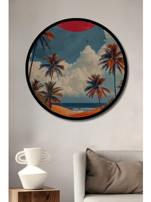 Petmudo AVM  Kırmızı Ay Tropik Sahil Manzarası Ahşap Tablo Yuvarlak Tablo Çerçeve Görünümlü
