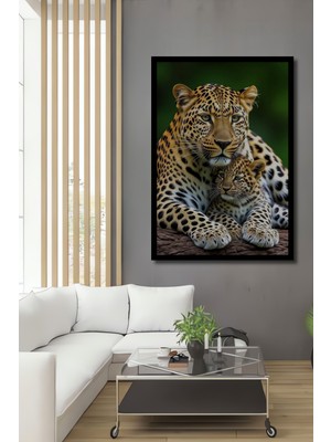 Petmudo AVM Leopar Annesi ve Yavrusu Yağlı Boya Görünümlü Ahşap Ev,antre,ofis,mutfak Tablo Çerçeve Görünümlü