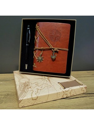 TeknoKesgin KESGİN MARKET®Kahverengi Pusula Tasarım Deri Defter Ve Siyah Kalem Seti