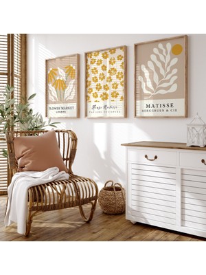 Pam Studio Matisse & Flower Market Tarzı 3’lü Ahşap Çerçeveli Tablo Seti – Modern Bohem Duvar Dekoru