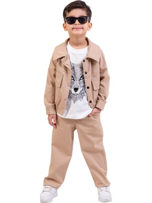 İrem Çocuk Giyim Erkek Çocuk Gabardin Kumaş Kurt Figürlü Ceket Tişört Pantolon Üçlü Takım