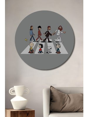 Petmudo AVM Beatles ve Charlie Brown Abbey Road Ahşap Dekoratif Tablo Yuvarlak Duvar Tablosu