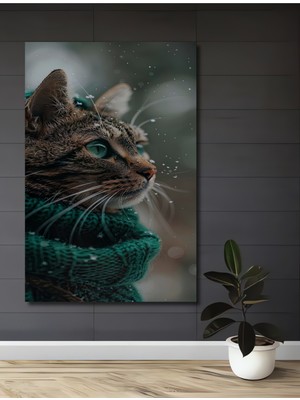 Petmudo AVM Kışın Büyüsü Zümrüt Gözlü Kedi Yağlı Boya Görünümlü Ahşap Dekoratif Ev,antre,salon,ofis Tablo