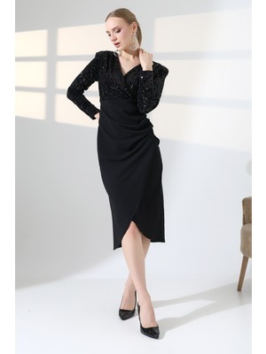 Lubiti Pullu Payetli Kruvaze Yaka Midi Boy Abiye Elbise