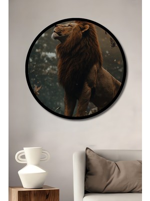 Petmudo AVM Aslanın Gücü Yağlı Boya Görünümlü Ahşap Dekoratif Tablo Yuvarlak Duvar Tablosu Çerçeve Görünümlü