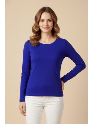 Beta Moda Hub Kadın Viskon Bisiklet Yaka Koyu Mavi Bluz