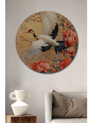 Petmudo AVM Görkemli Turna ve Şakayik Sanatı Yağlı Boya Görünümlü Ahşap Dekoratif Tablo Yuvarlak Duvar Tablosu