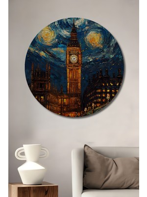 Petmudo AVM Londra Big Ben Yağlı Boya Görünümlü Ahşap Dekoratif Tablo Yuvarlak Duvar Tablosu
