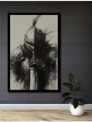 Petmudo AVM Cesur Şövalye Kara Kalem Görünümlü Ahşap Ev,antre,ofis,mutfak,yatak Odası Tablo Çerçeve Görünümlü