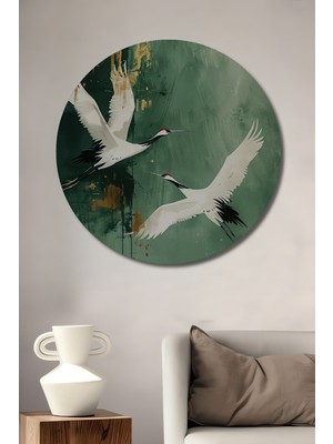 Petmudo AVM Kızıl Gerdanlı Turnalar Ile Altın Efektli Sulu Boya Görünüm Modern Sanat Ahşap Tablo Yuvarlak Tablo