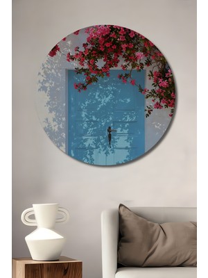 Petmudo AVM Mavi Kapı ve Pembe Çiçekler Yağlı Boya Görünümlü Dekoratif Ahşap Tablo Yuvarlak Duvar Tablosu