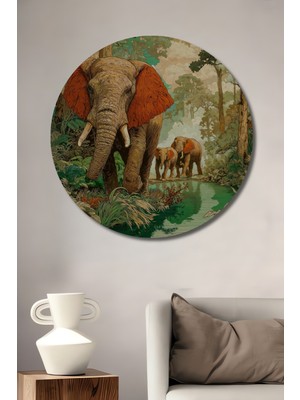 Petmudo AVM Dev Orman Fil Ailesi Baskı Görünümlü Tablo Yuvarlak Duvar Tablosu
