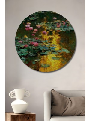 Petmudo AVM Monet Tarzı Nilüfer Gecesi Yağlı Boya Görünümlü Dekoratif Ahşap Tablo Yuvarlak Duvar Tablosu