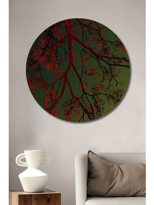 Petmudo AVM Kızıl Ağaç Dalları Sulu Boya Görünümlü Ahşap Dekoratif Tablo Yuvarlak Duvar Tablosu