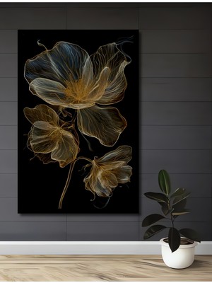 Petmudo AVM Altın Işıltılı Şeffaf Çiçek Yağlı Boya Görünümlü Ahşap Ev,antre,ofis,mutfak Tablo Çerçeve Görünümlü