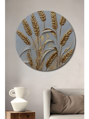 Petmudo AVM Altın Başak Desenli Kabartma Ahşap Tablo Yuvarlak Duvar Tablosu