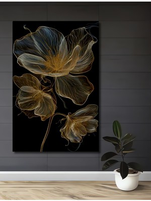 Petmudo AVM Altın Işıltılı Şeffaf Çiçek Yağlı Boya Görünümlü Dekoratif Ahşap Ev,antre,salon,ofis,mutfak Tablo