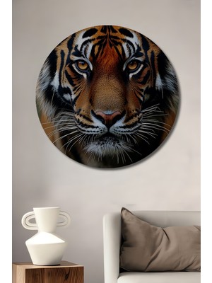 Petmudo AVM Aslan Gözlü Kaplan Ormanların Kralı Yağlı Boya Görünümlü Ahşap Tablo Yuvarlak Duvar Tablosu