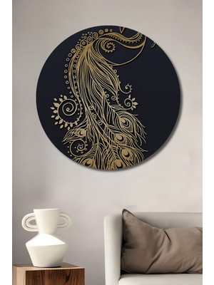 Petmudo AVM Altın Renk Tavus Kuşu Desenli Ahşap Dekoratif Tablo Yuvarlak Duvar Tablosu