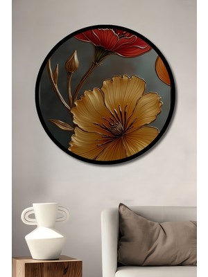 Petmudo AVM Altın Vurgulu Kırmızı ve Sarı Güller Ahşap Tablo Yuvarlak Tablo Çerçeve Görünümlü