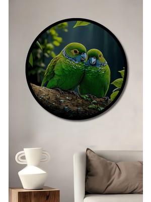 Petmudo AVM Sevgi Dolu Papağan Çifti Yağlı Boya Görünümlü Ahşap Tablo Yuvarlak Duvar Tablosu Çerçeve Görünümlü