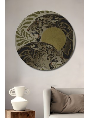 Petmudo AVM Kükreyen Kaplanlar ve Sonsuzluk Sanat Ahşap Tablo Yuvarlak Duvar Tablosu