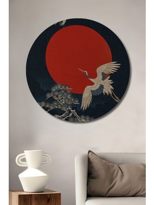 Petmudo AVM Japon Sanatından Kırmızı Güneş ve Turna Kuşu Desenli Ahşap Dekoratif Tablo Yuvarlak Duvar Tablosu