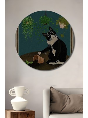 Petmudo AVM Komik Siyah Beyaz Kedi Suluboya Görünümlü Ahşap Tablo Yuvarlak Duvar Tablosu