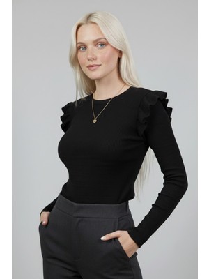 Beta Moda Hub Siyah Kaşkorse Uzun Kollu Fırfırlı Omuz Detaylı Pamuklu Ribana Bluz