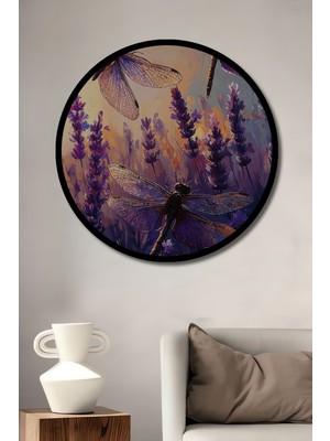 Petmudo AVM Lavanta Tarlasında Uçan Kelebekler Yağlı Boya Görünümlü Ahşap Tablo Yuvarlak Tablo Çerçeve Görünümlü