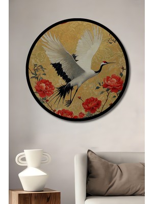 Petmudo AVM Kırmızı Çiçekli Ulu Kırmızı Güneş Turnası Sanat Tablo Ahşap Tablo Yuvarlak Tablo Çerçeve Görünüm