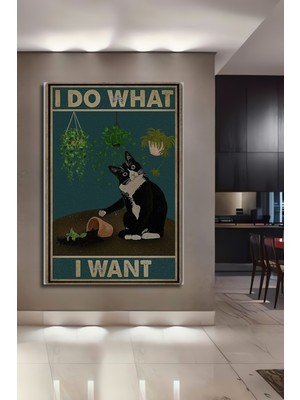 Petmudo AVM Komik Siyah Beyaz Kedi Suluboya Görünümlü Ahşap Ev,antre,salon,ofis,mutfak,yatak Odası Tablo