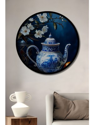 Petmudo AVM Mavi Beyaz Çiçekli Porselen Demlik ve Narenciye Ahşap Tablo Yuvarlak Duvar Tablosu Çerçeve Görünümlü