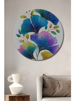 Petmudo AVM Ginkgo Yaprakları Sulu Boya Görünümlü Ahşap Dekoratif Tablo Yuvarlak Duvar Tablosu