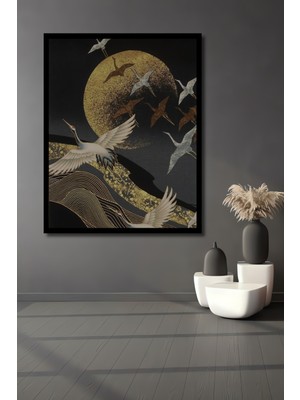 Petmudo AVM Altın Ay Işığında Kanatlanan Turnalar Yağlı Boya Görünümlü Ahşap Dekoratif  Tablo Çerçeve Görünümlü