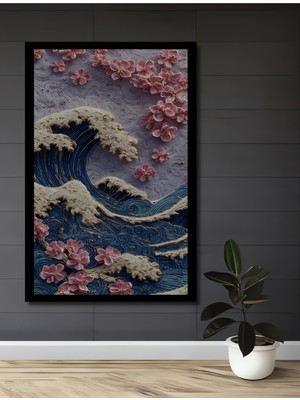 Petmudo AVM Dev Dalga ve Kiraz Çiçekleri Sanat Ev,antre,salon,ofis,mutfak,yatak Odası Tablosu Çerçeve Görünümlü