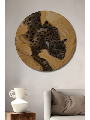 Petmudo AVM  Ormanın Siyah Panteri Yağlı Boya Görünümlü Dekoratif Ahşap Tablo Yuvarlak Duvar Tablosu
