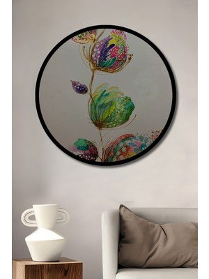 Petmudo AVM Renkli Çiçek Desenli Sulu Boya Görünüm Soyut Sanat Ahşap Tablo Yuvarlak Duvar Tablo Çerçeve Görünüm