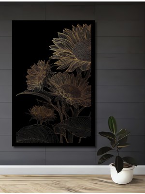 Petmudo AVM Altın Yaprak Ayçiçekleri Yağlı Boya Görünümlü Ahşap Ev,antre,ofis,mutfak Tablo Çerçeve Görünümlü