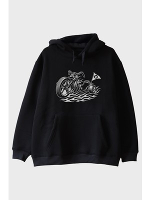 Nuugg Motorlu Bayrak Tasarımlı Biker Siyah Hoodie