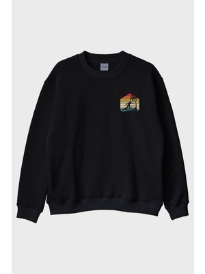Nuugg Retro Palmiye ve Sörf Baskılı Siyah Bisiklet Yaka Sweatshirt