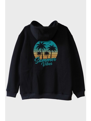 Nuugg Summer Vibes Baskılı Tropik Plaj Tasarımlı Siyah Hoodie