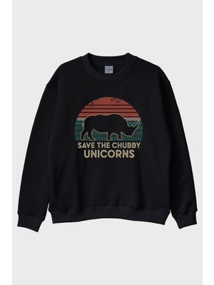 Nuugg Save The Chubby Unicorns Retro Gergedan Baskılı Siyah Bisiklet Yaka Sweatshirt