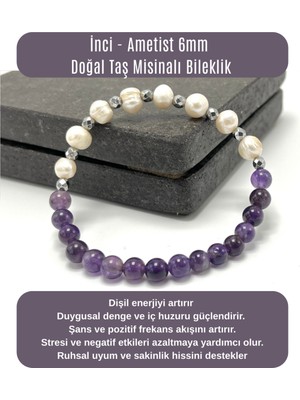 Yıldız Doğal Taş Sertifikalı Inci - Ametist 6mm Doğal Taş Misinalı Bileklik