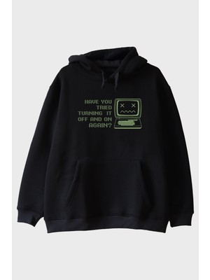 Nuugg Turning It Off And On Again Baskılı Retro Siyah Hoodie