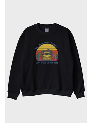 Nuugg On A Dark Desert Highway Retro Baskılı Siyah Bisiklet Yaka Sweatshirt