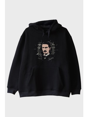 Nuugg Nikola Tesla Illüstrasyon Baskılı Tasarım Siyah Hoodie
